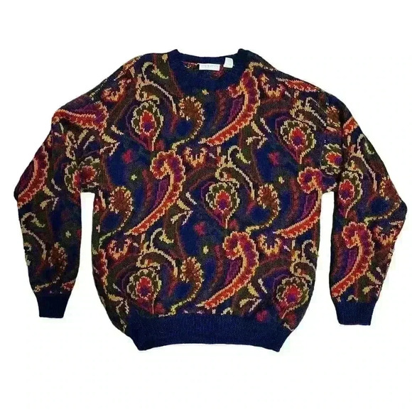 Claiborne Vintage Knitted by Hand Wool Paisley Wool Sweater Size XL - Picture 1 of 16